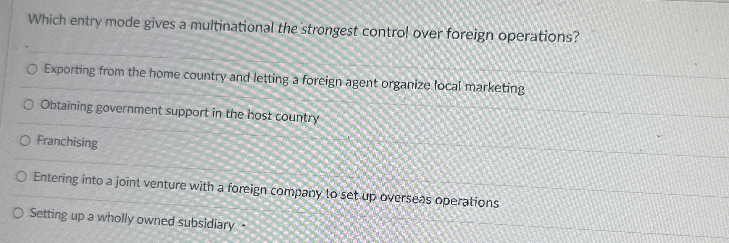  Which entry mode gives a multinational the strongest control over foreign
