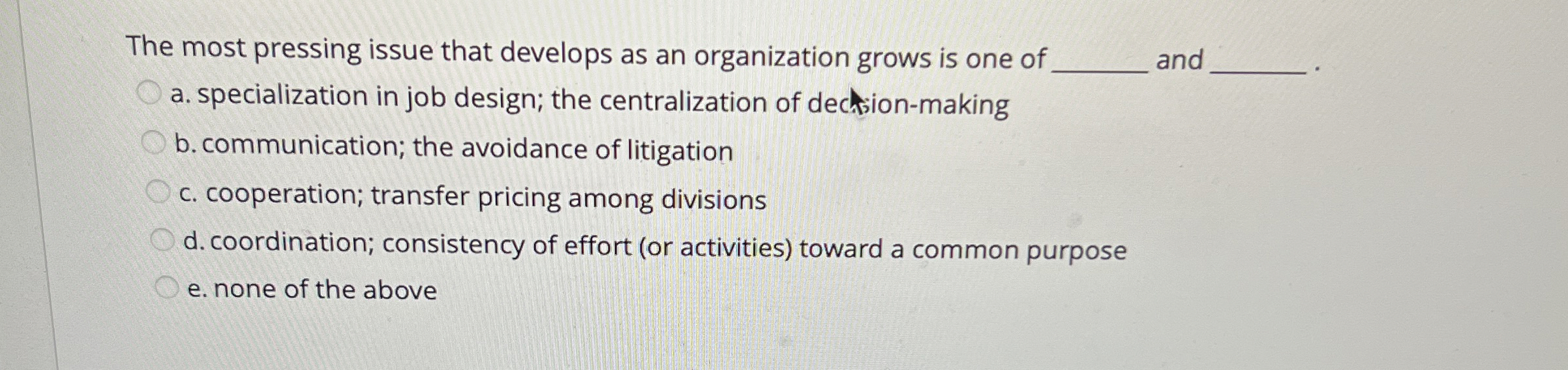  The most pressing issue that develops as an organization grows is