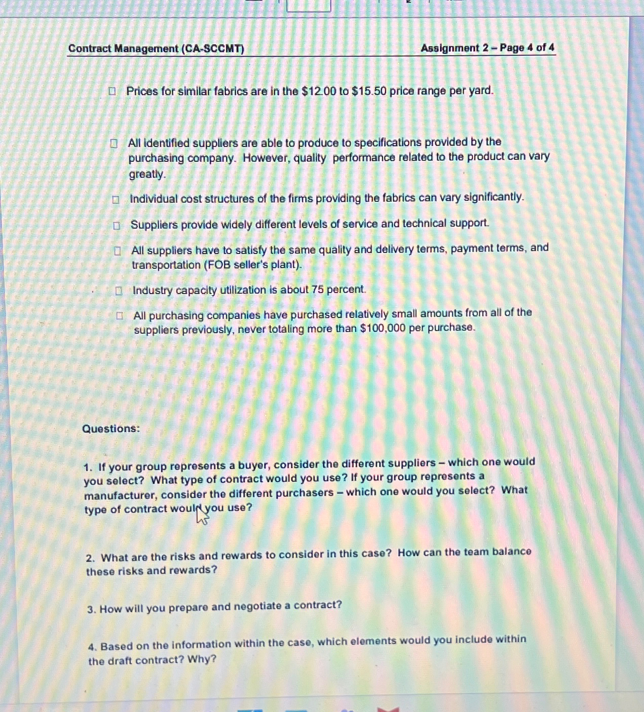  Contract Management (CA-SCCMT) Assignment 2- Page 4 of 4 Prices for