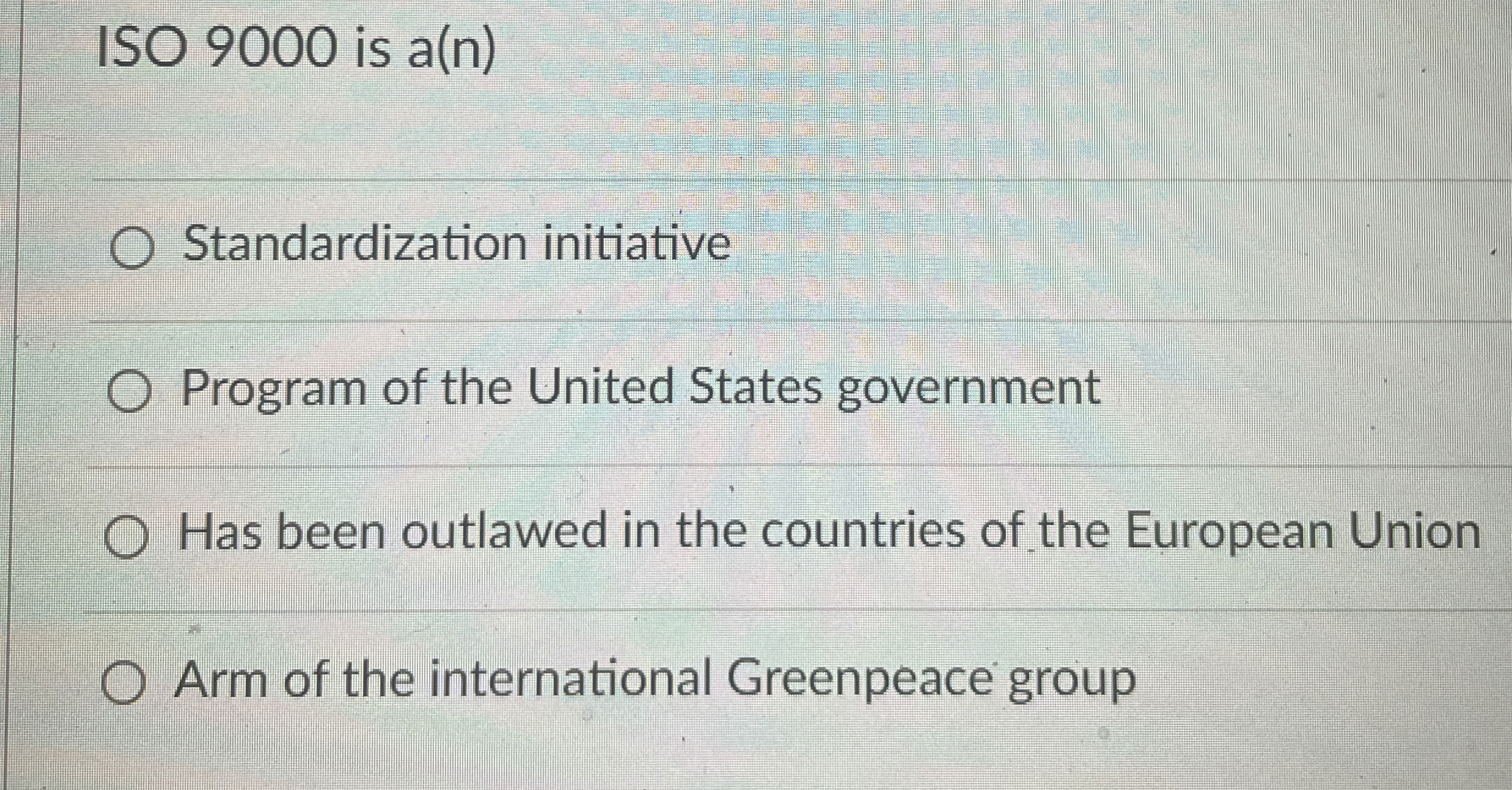  ISO 9000 is a(n) Standardization initiative Program of the United States
