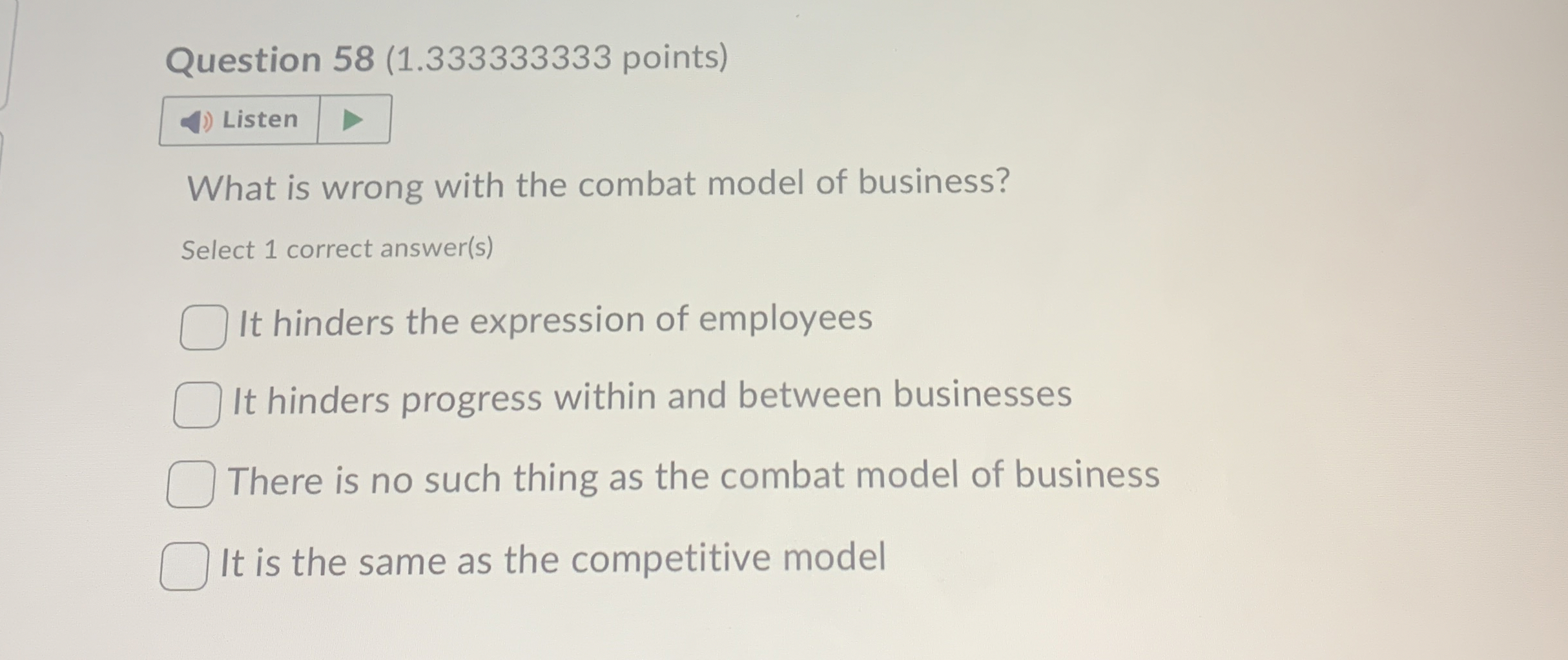  Question 58(1.333333333 points) Listen What is wrong with the combat model