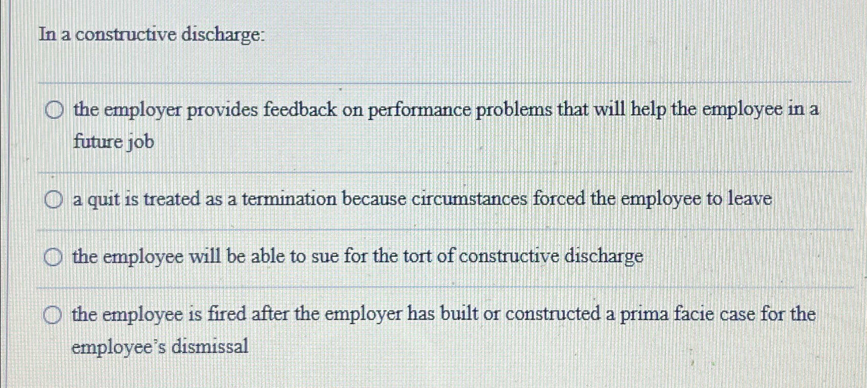  In a constructive discharge: the employer provides feedback on performance problems