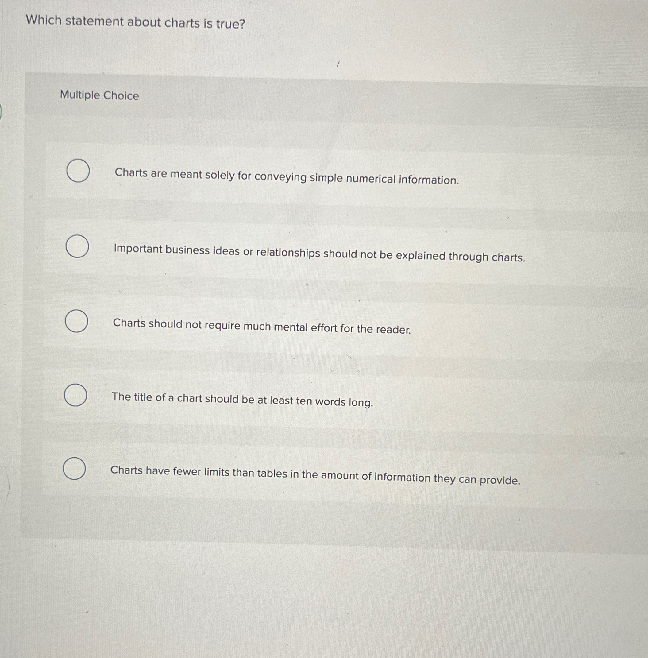  Which statement about charts is true? Multiple Choice Charts are meant