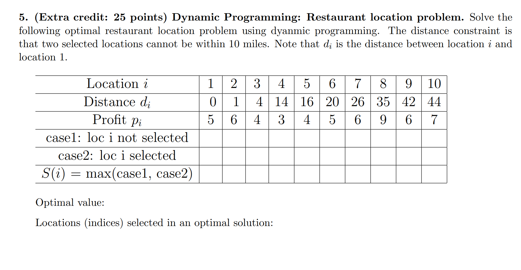  (Extra credit: 25 points) Dynamic Programming: Restaurant location problem. Solve the
