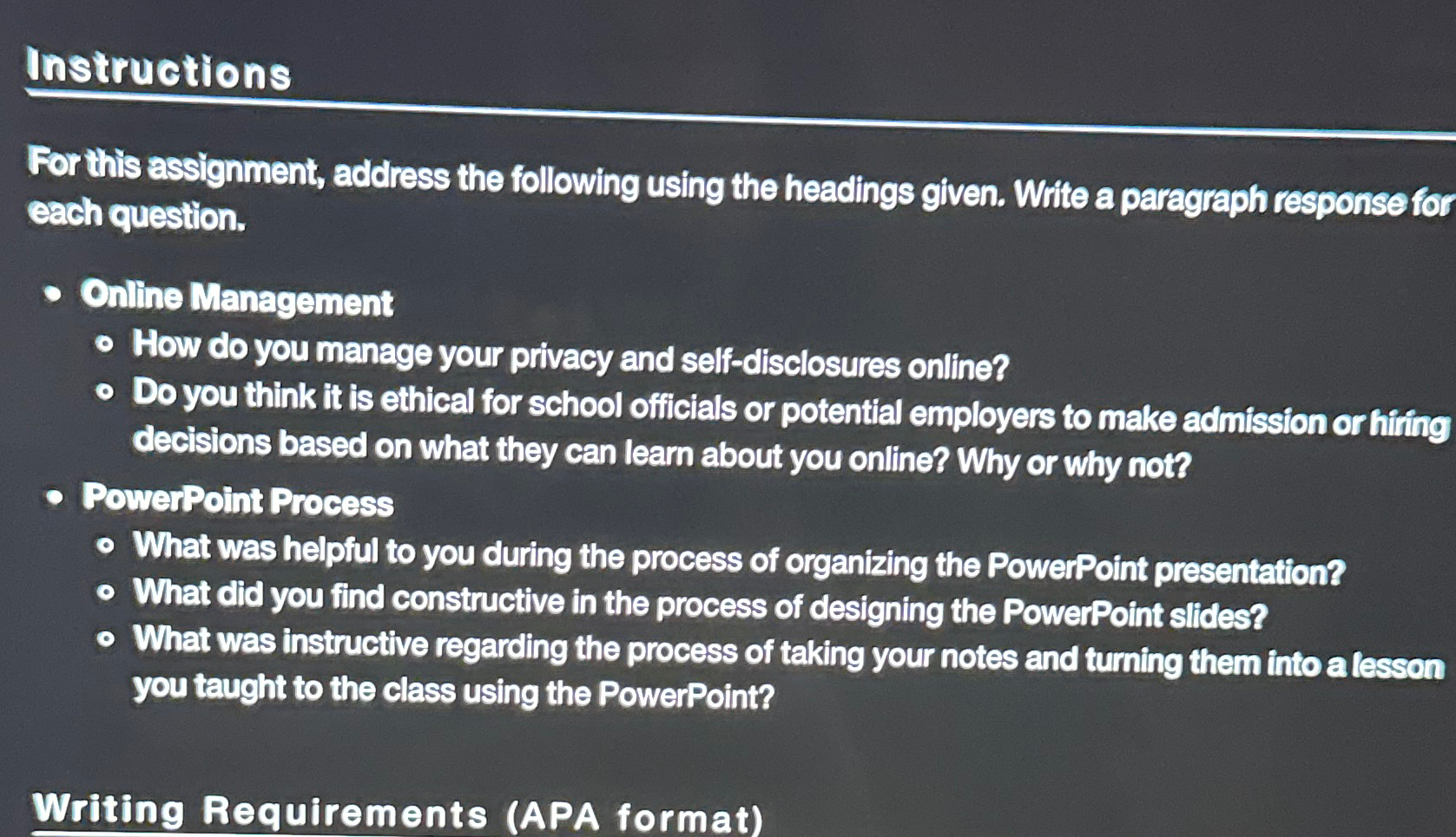  Instructions For this assignment, address the following using the headings given.