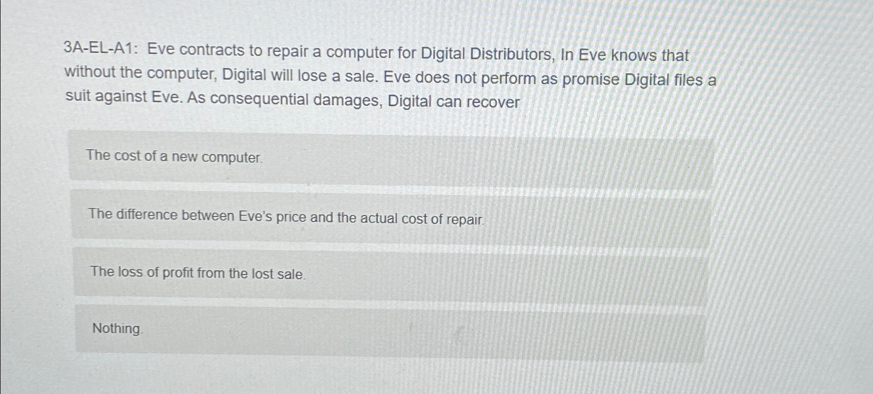  3A-EL-A1: Eve contracts to repair a computer for Digital Distributors, In