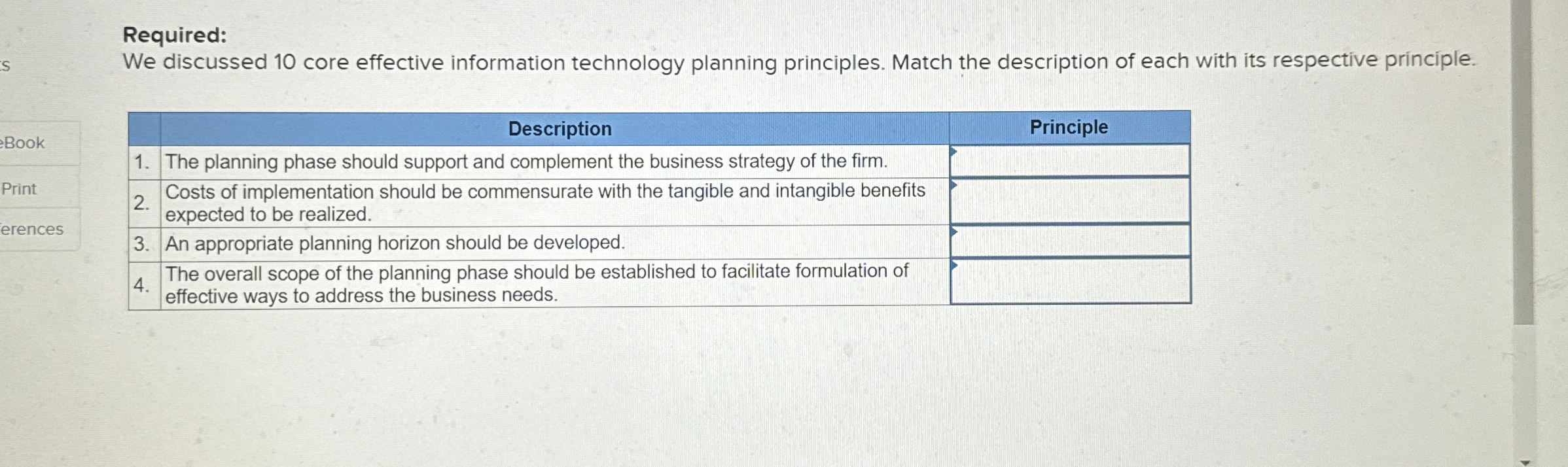 Required: We discussed 10 core effective information technology planning principles. Match