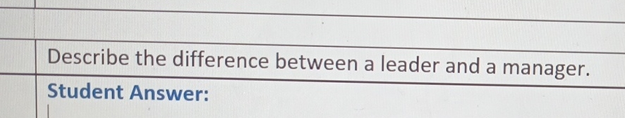  Describe the difference between a leader and a manager. Student Answer: