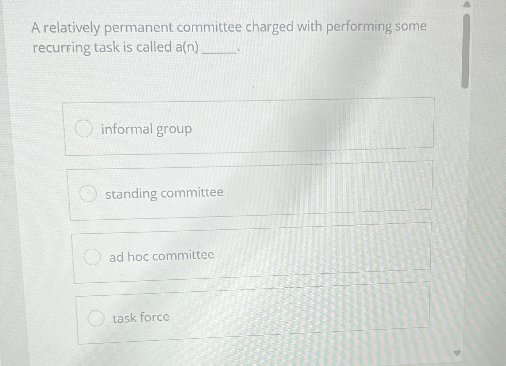  A relatively permanent committee charged with performing some recurring task is