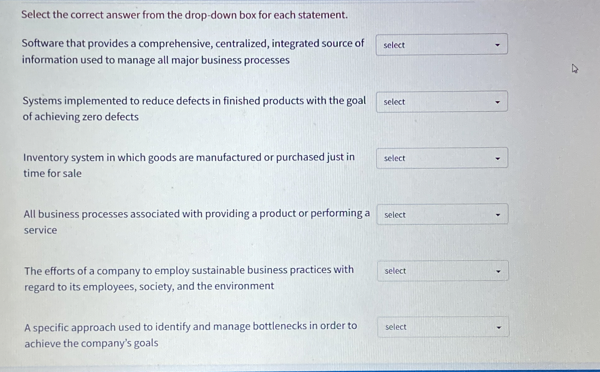  Select the correct answer from the drop-down box for each statement.