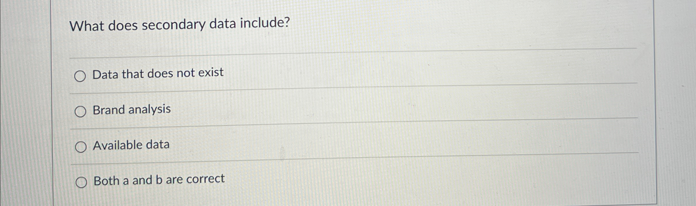  What does secondary data include? Data that does not exist Brand