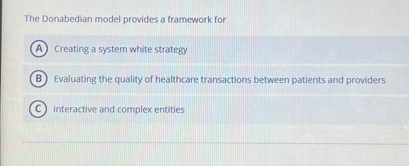  The Donabedian model provides a framework for Creating a system white