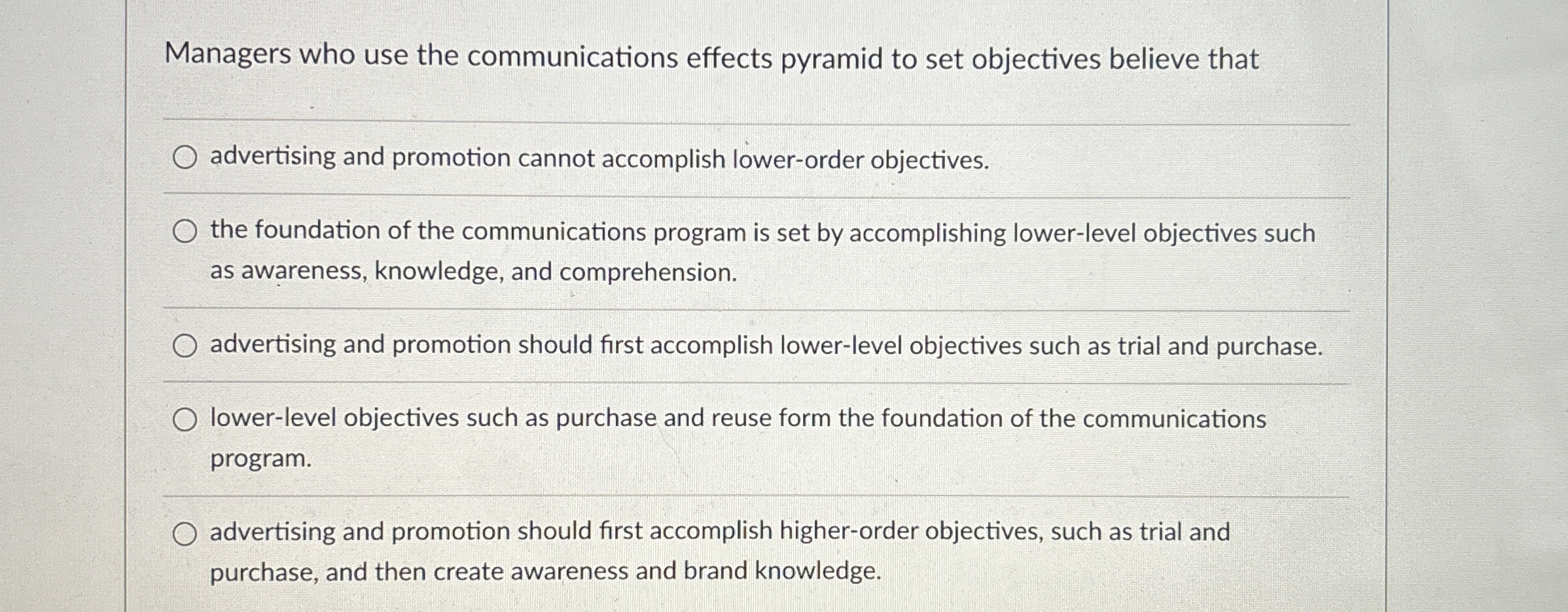  Managers who use the communications effects pyramid to set objectives believe