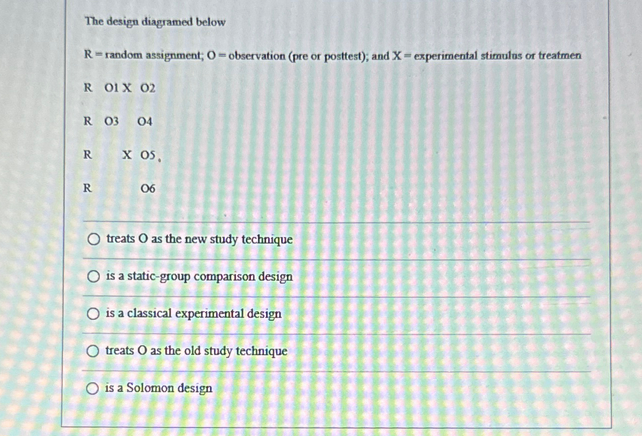  The design diagramed below R= random assignment; O= observation (pre or
