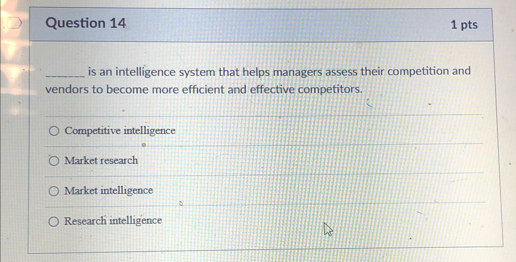  Question 14 1pts is an intelligence system that helps managers assess
