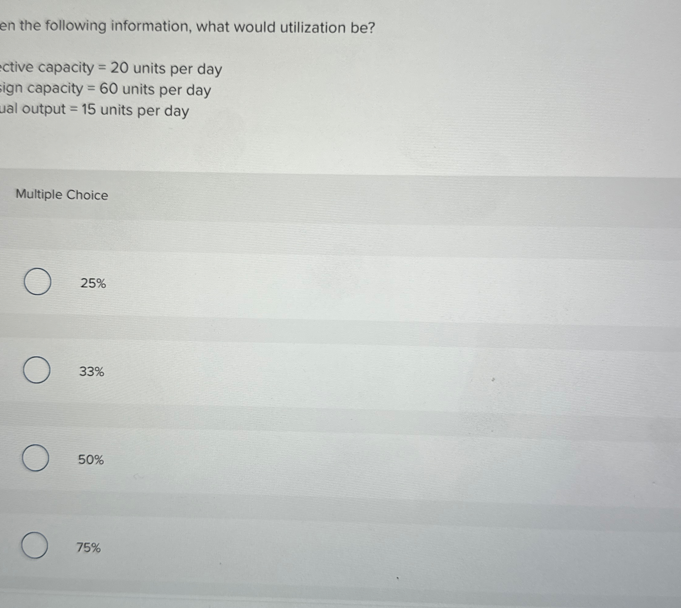  en the following information, what would utilization be? ctive capacity =20
