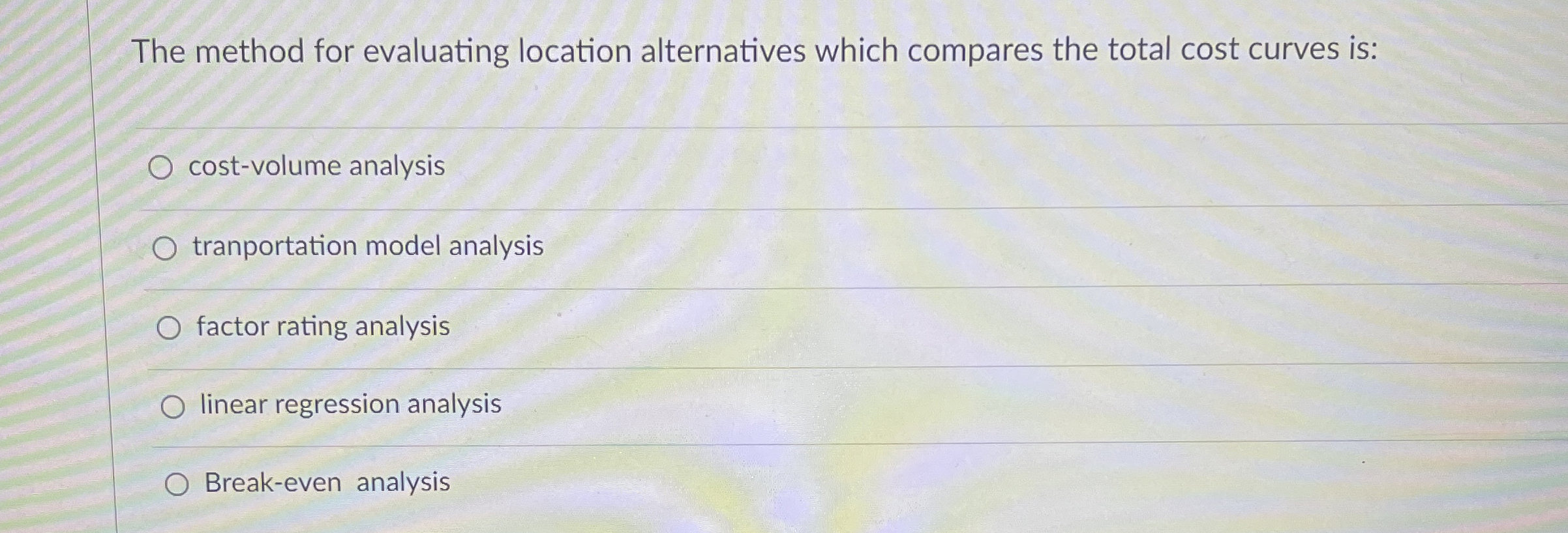  The method for evaluating location alternatives which compares the total cost