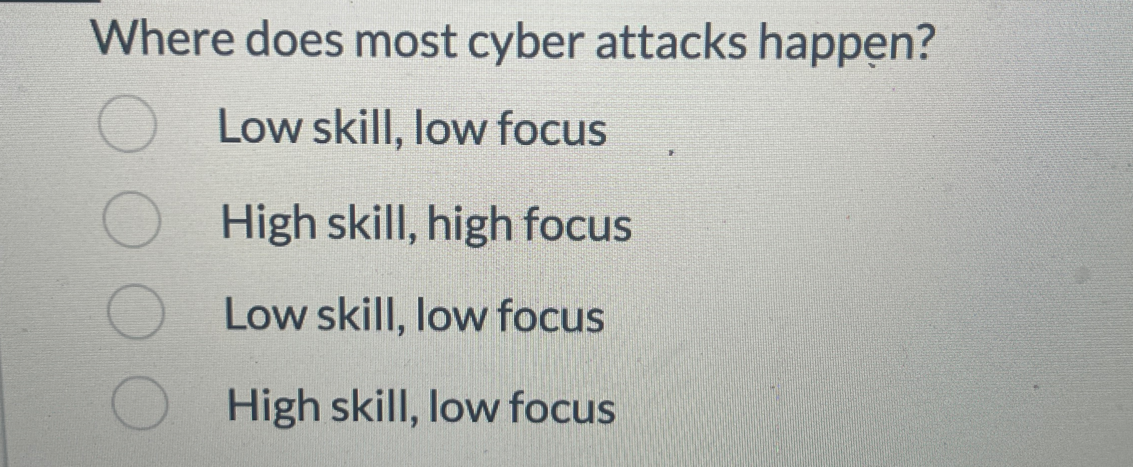  Where does most cyber attacks happen? Low skill, low focus High