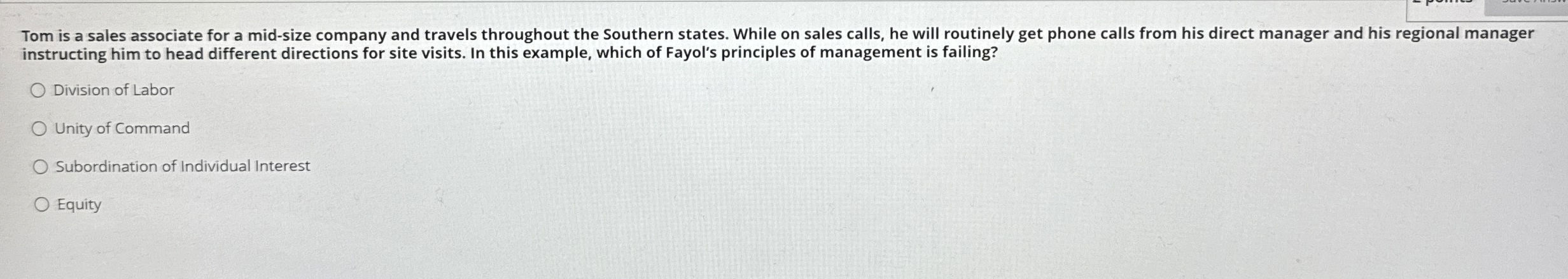  Tom is a sales associate for a mid-size company and travels