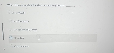  When data are analyzed and processed, they become a) a system