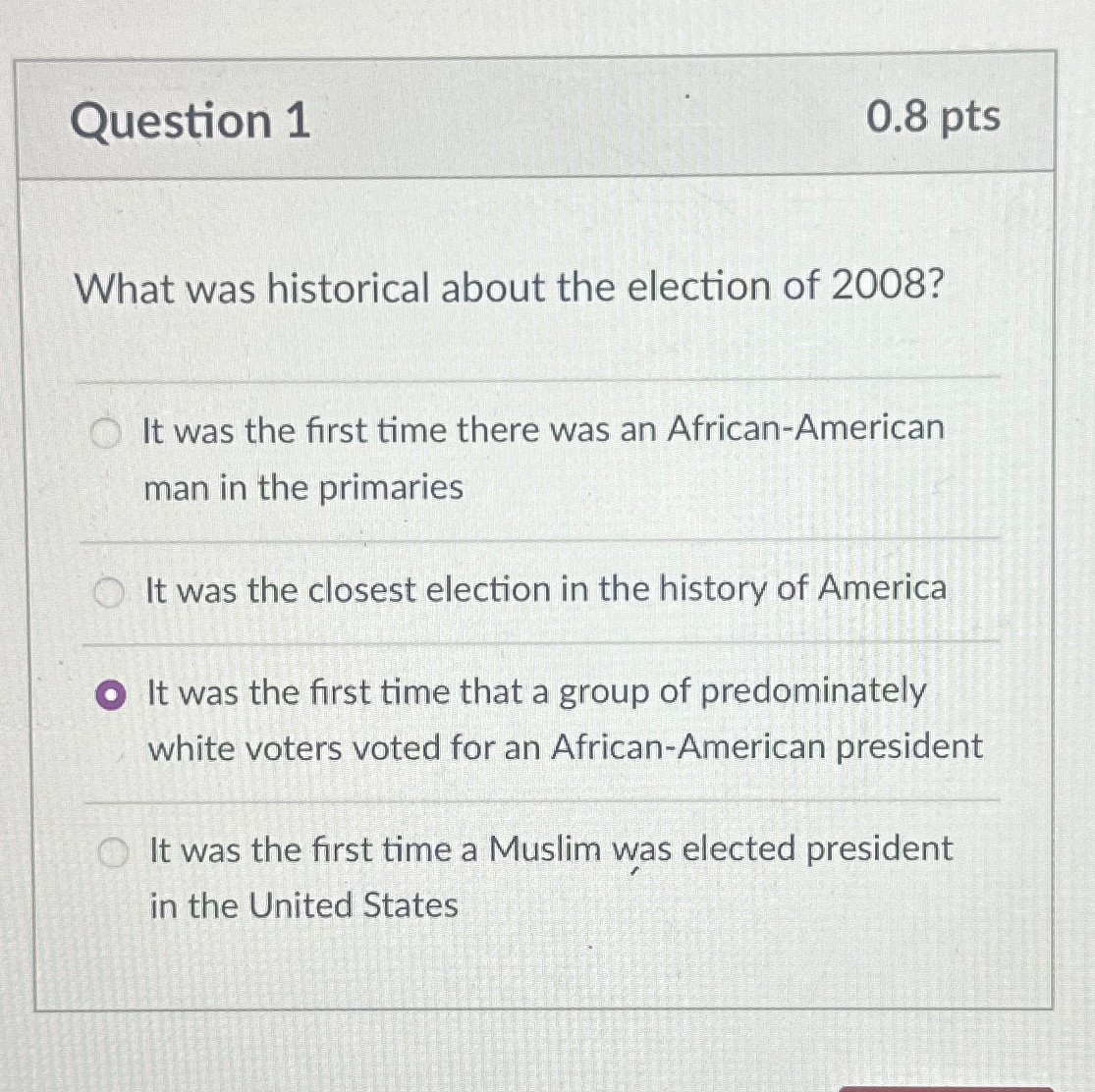  Question 1 0.8pts What was historical about the election of 2008?