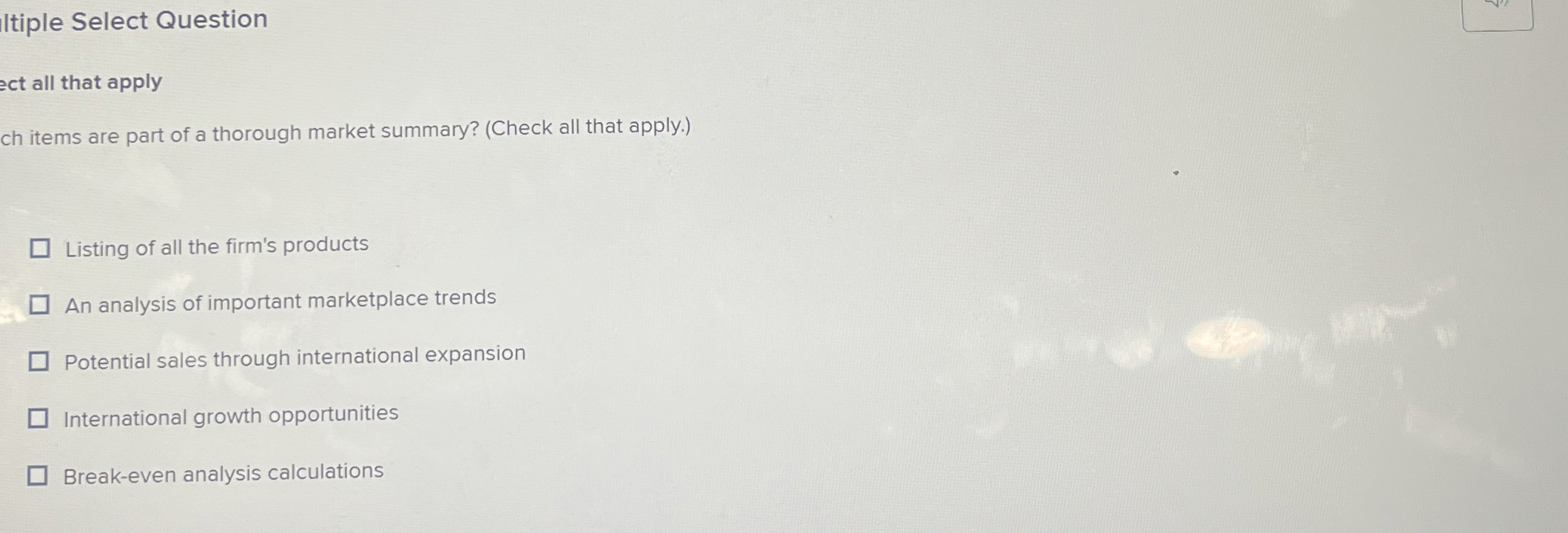  Itiple Select Question ect all that apply ch items are part