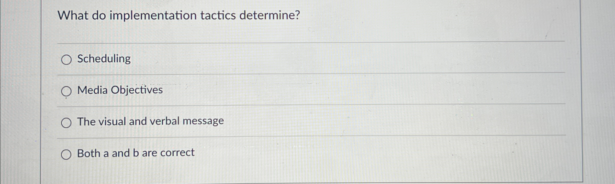  What do implementation tactics determine? Scheduling Media Objectives The visual and