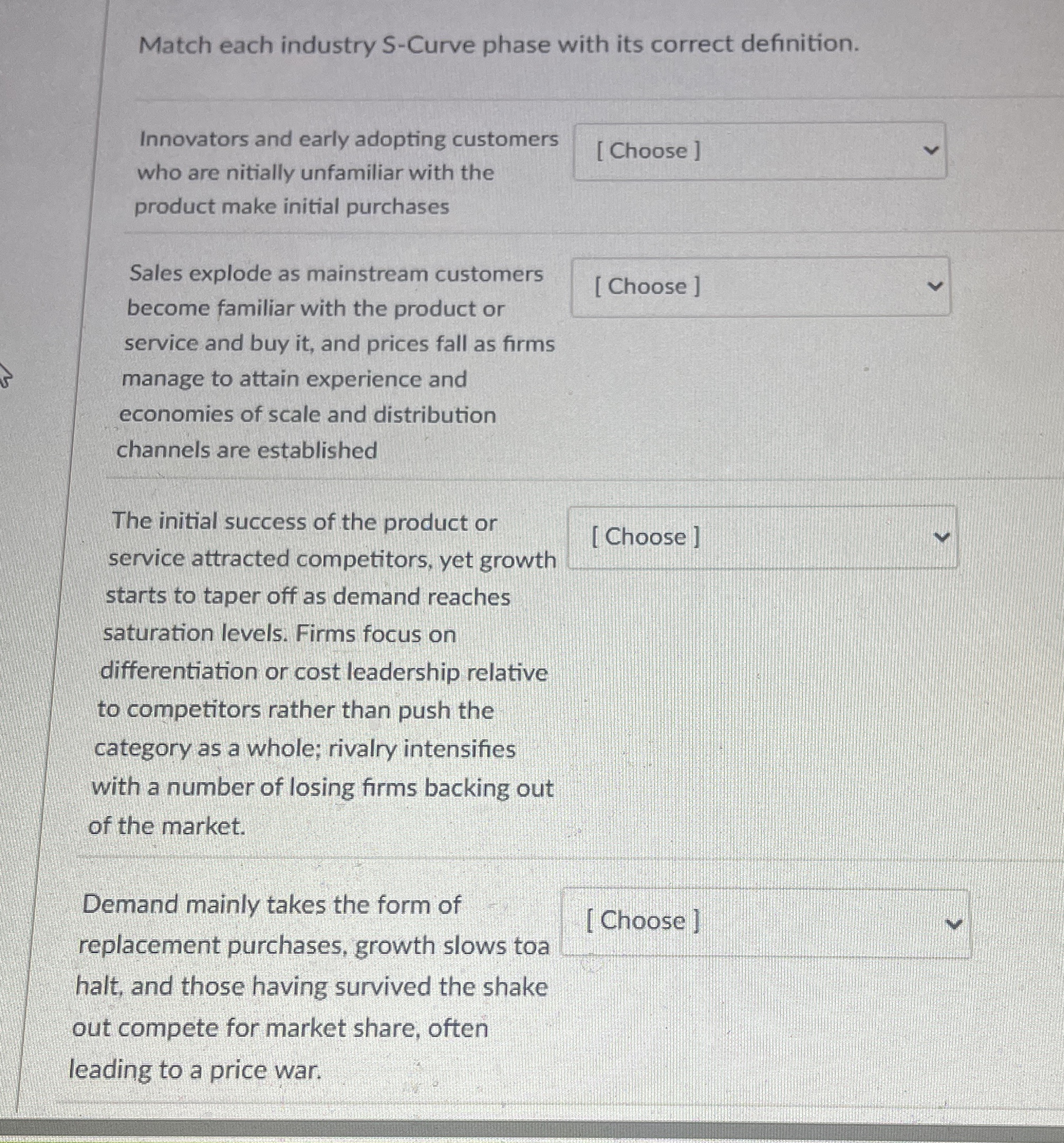  Match each industry S-Curve phase with its correct definition. Innovators and