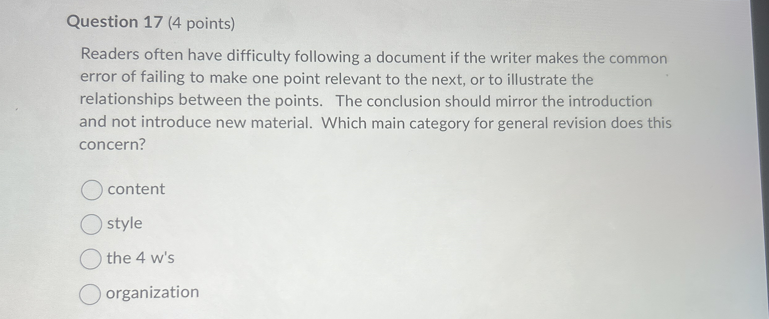  Question 17(4 points) Readers often have difficulty following a document if