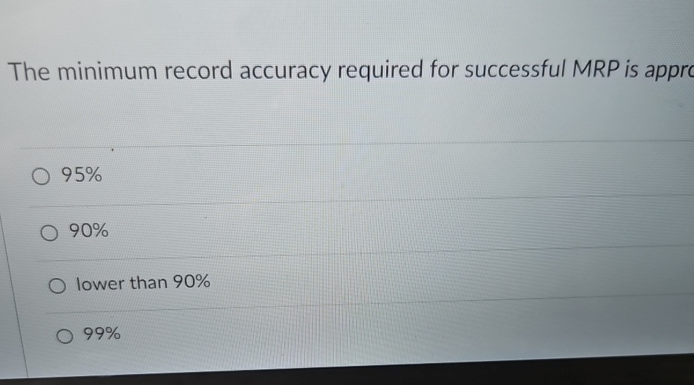  The minimum record accuracy required for successful MRP is apprc 95%