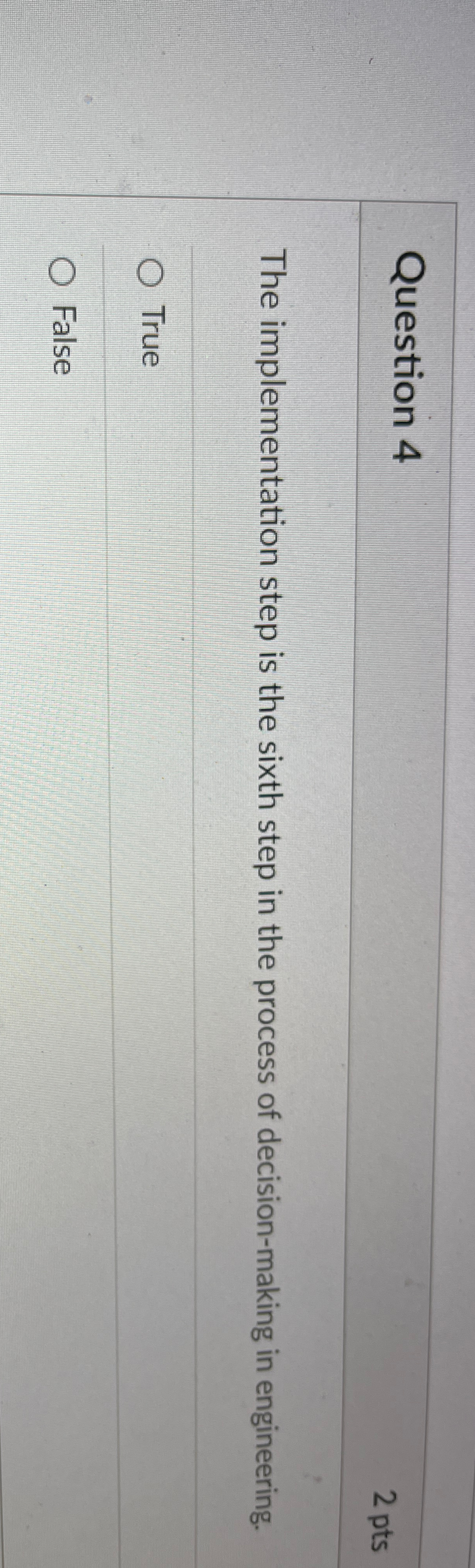  Question 4 2 pts The implementation step is the sixth step