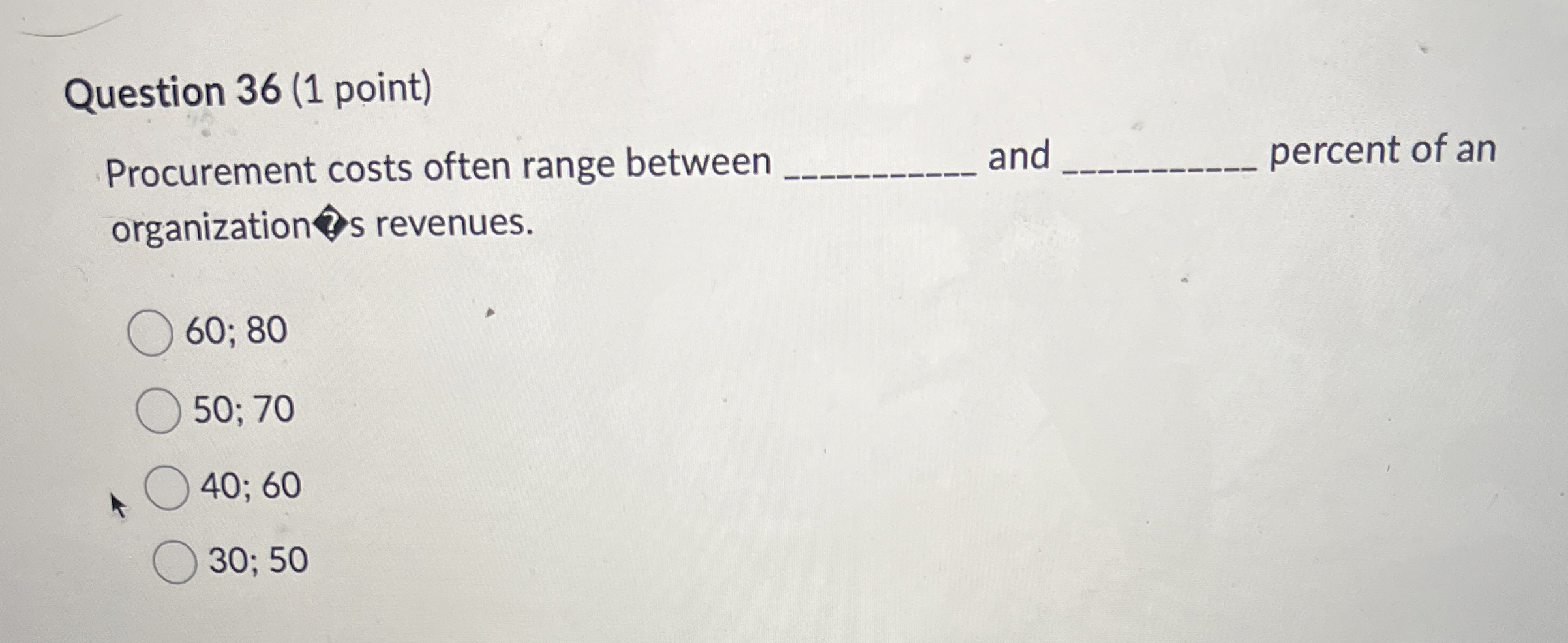  Question 36(1 point) Procurement costs often range between and percent of