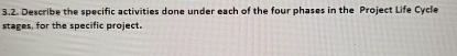  3.2. Describe the specific activities done under each of the four