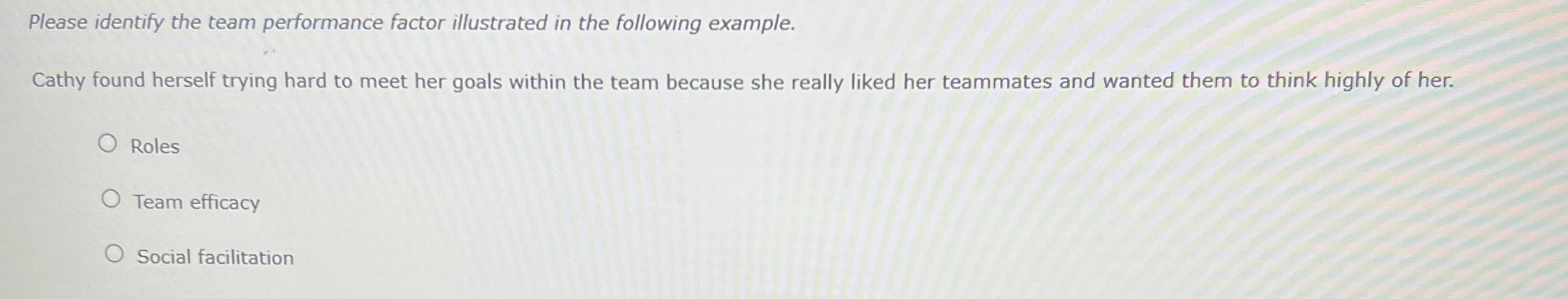  Please identify the team performance factor illustrated in the following example.