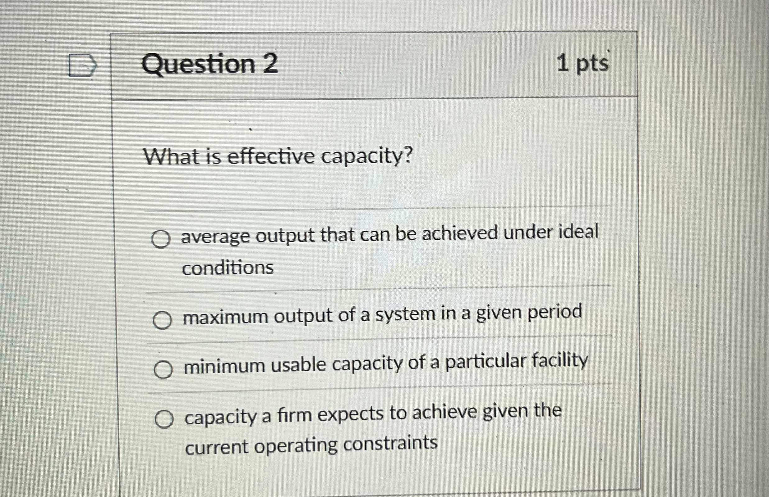  Question 2 1 pts What is effective capacity? average output that