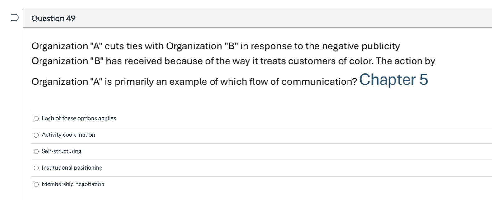  Question 49 Organization "A" cuts ties with Organization "B" in response