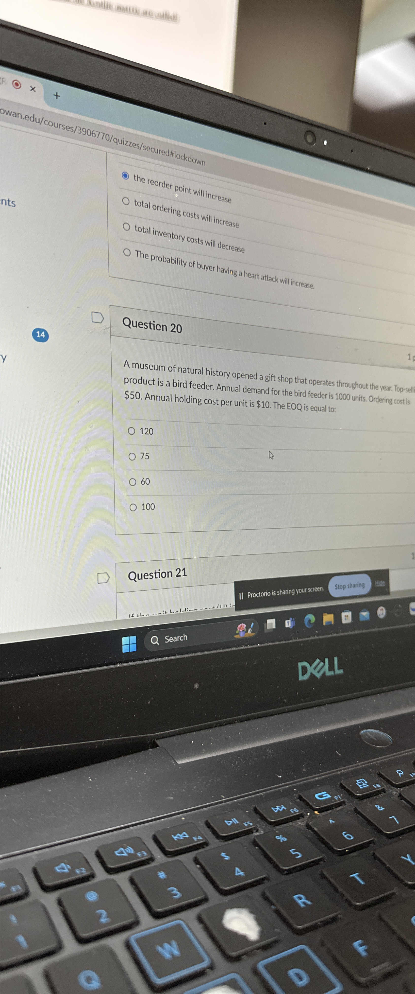  Pwan.edu/courses/3906770/quirzes/secured#llockdown the reorder point will increase total ordering costs will increase
