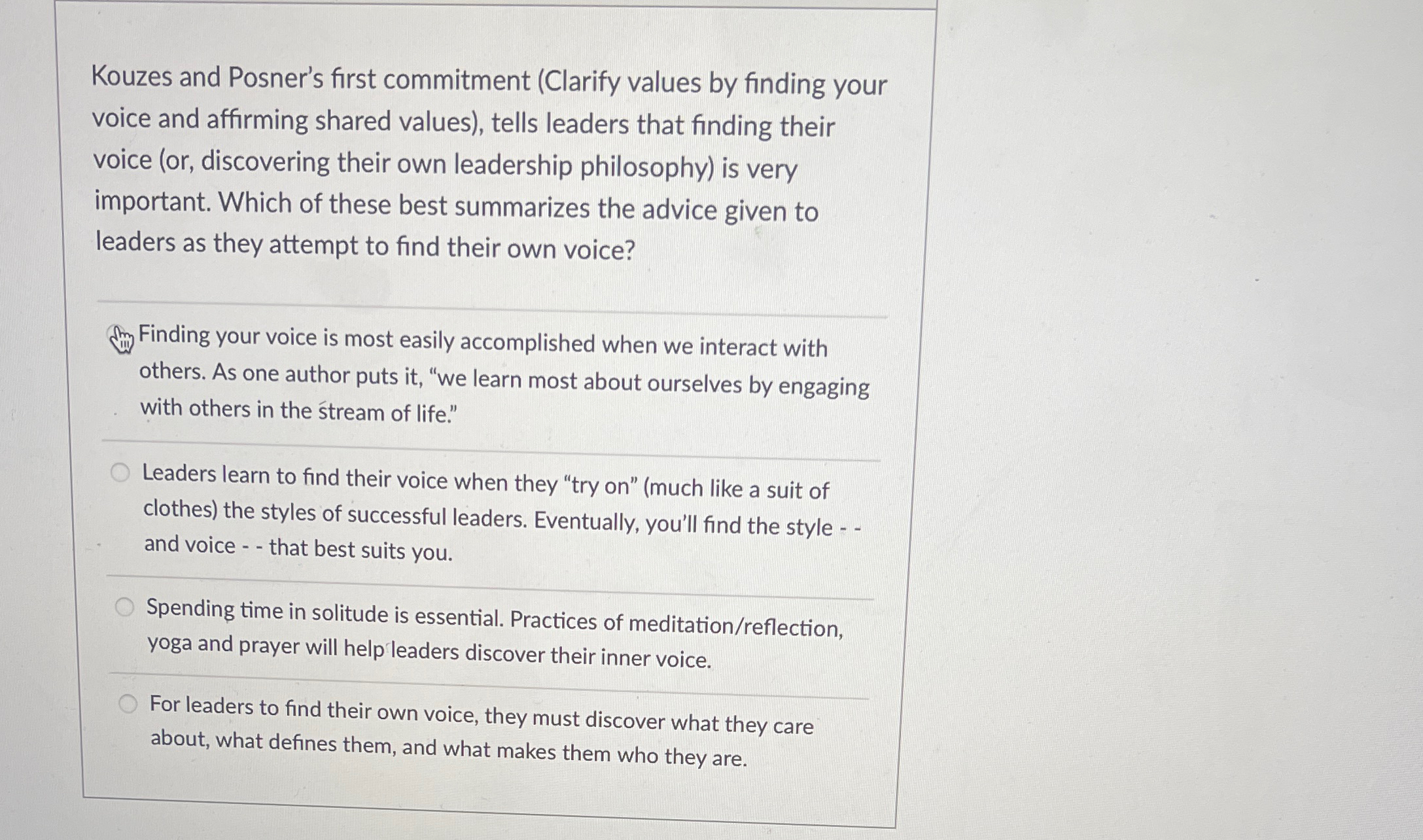  Kouzes and Posner's first commitment (Clarify values by finding your voice