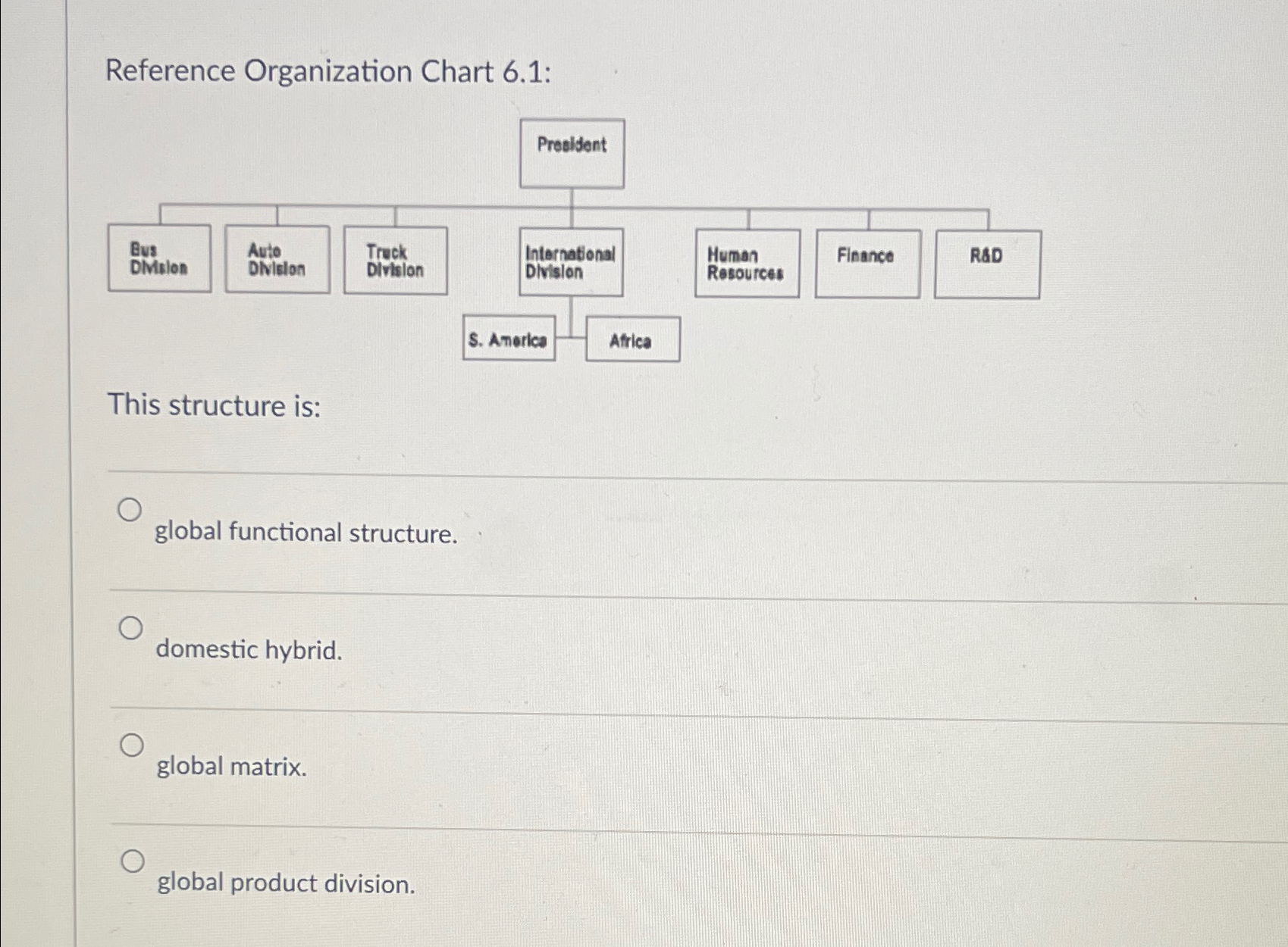  Reference Organization Chart 6.1: This structure is: q, global functional structure.
