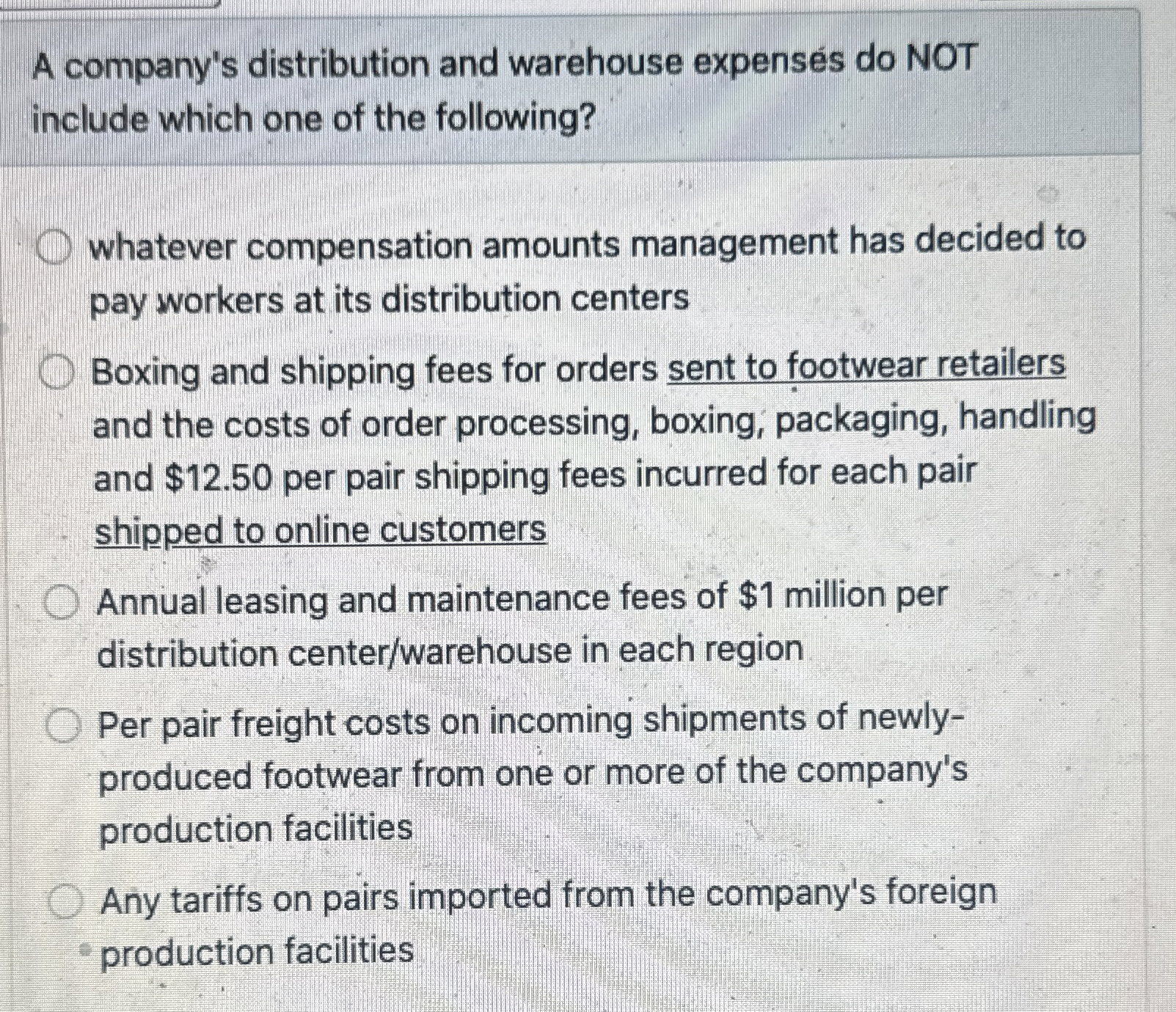  A company's distribution and warehouse expenss do NOT include which one