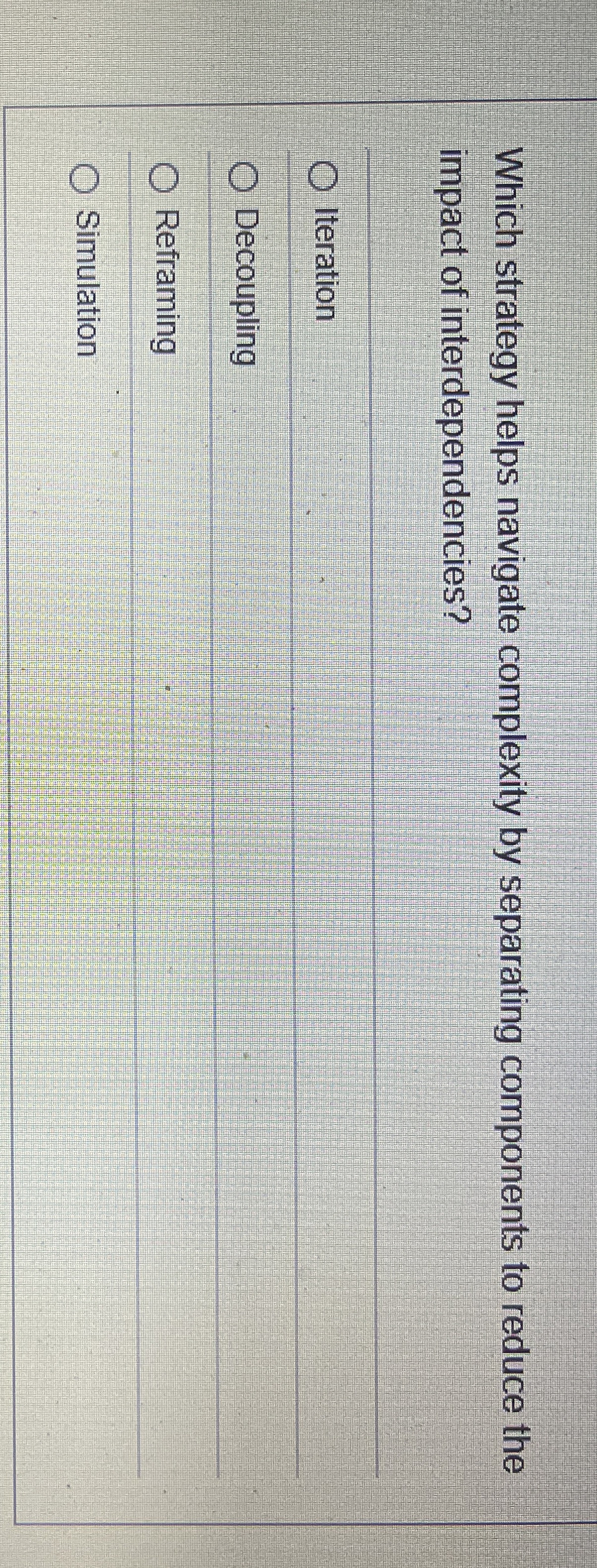  Which strategy helps navigate complexity by separating components to reduce the