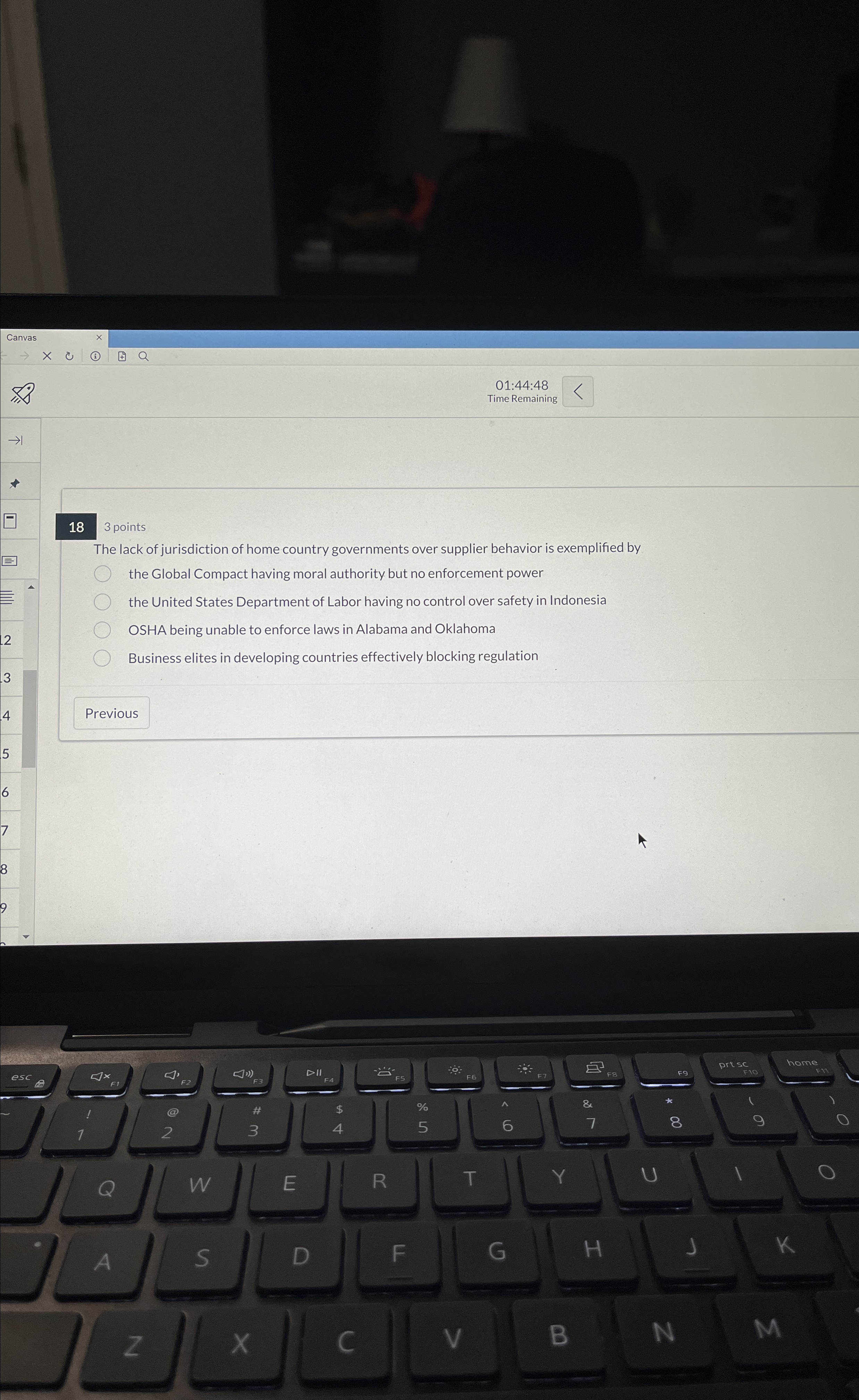  01:44:48 Time Remaining 18 3 points The lack of jurisdiction of