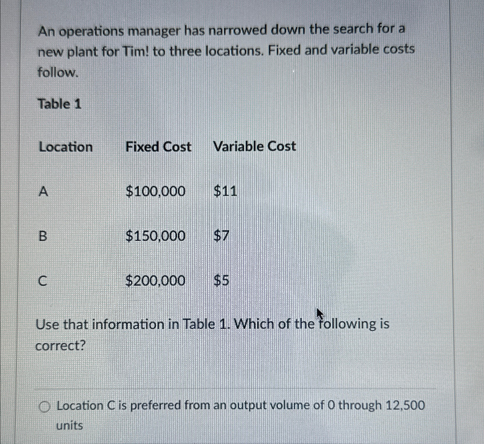  An operations manager has narrowed down the search for a new