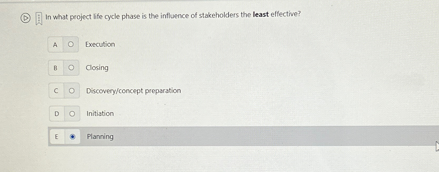  (D) In what project life cycle phase is the influence of