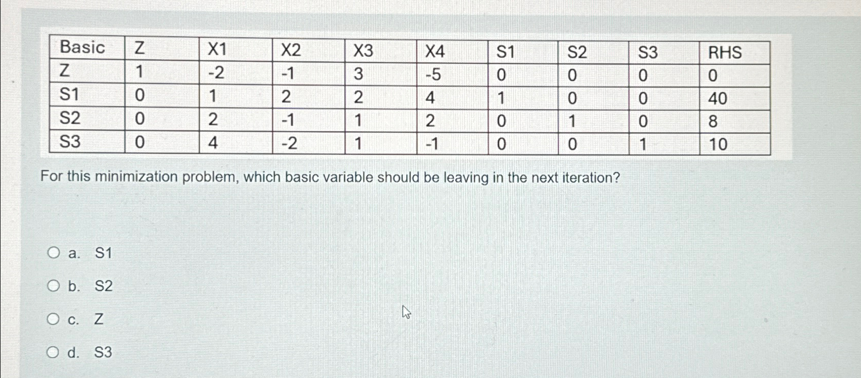  \table[[Basic,Z,X1,X2,X3,X4,S1,S2,S3,RHS],[Z,1,-2,-1,3,-5,0,0,0,0],[S1,0,1,2,2,4,1,0,0,40],[S2,0,2,-1,1,2,0,1,0,8],[S3,0,4,-2,1,-1,0,0,1,10]] For this minimization problem, which basic variable should be leaving