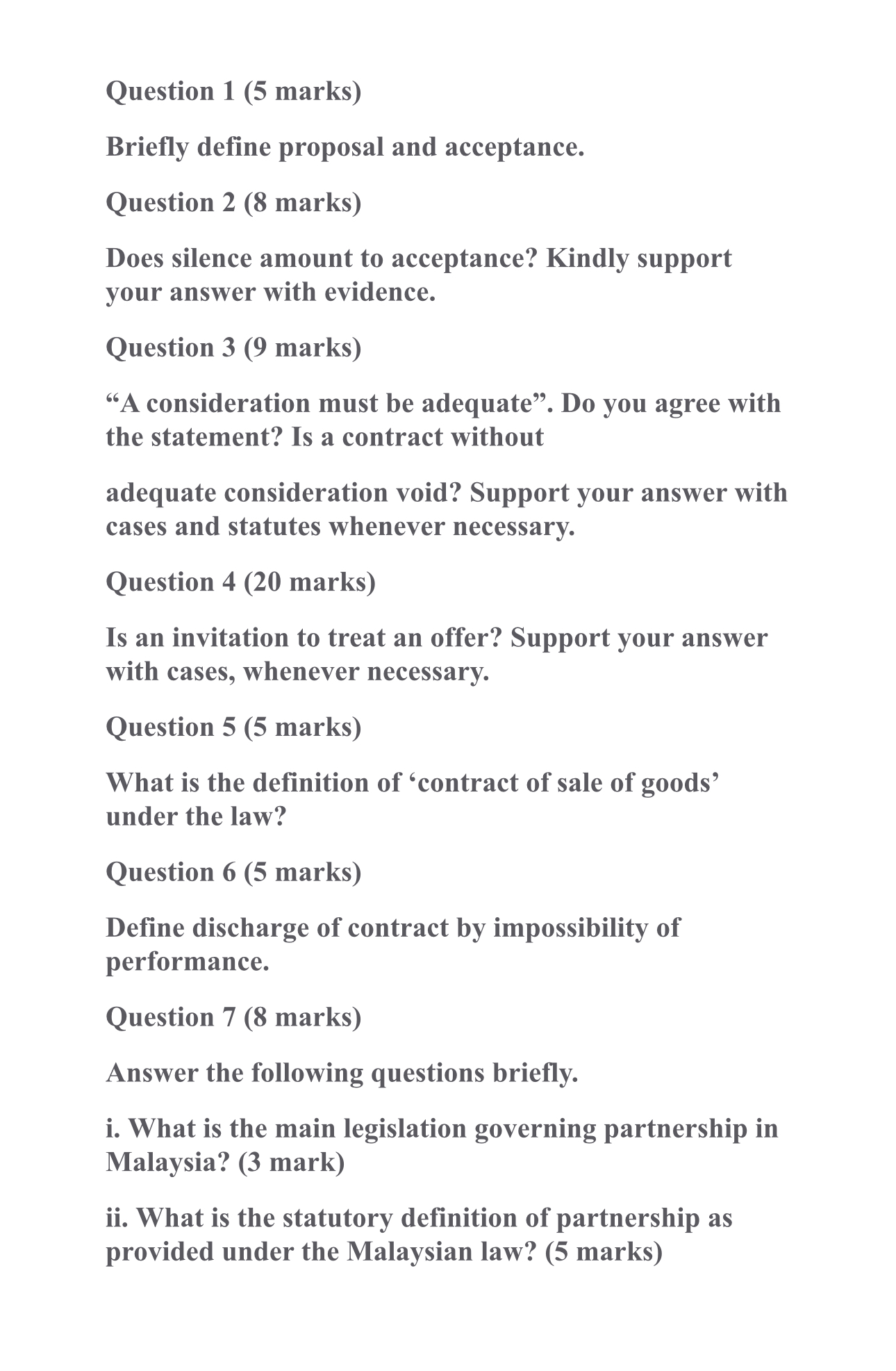  Question 1(5 marks) Briefly define proposal and acceptance. Question 2(8 marks)