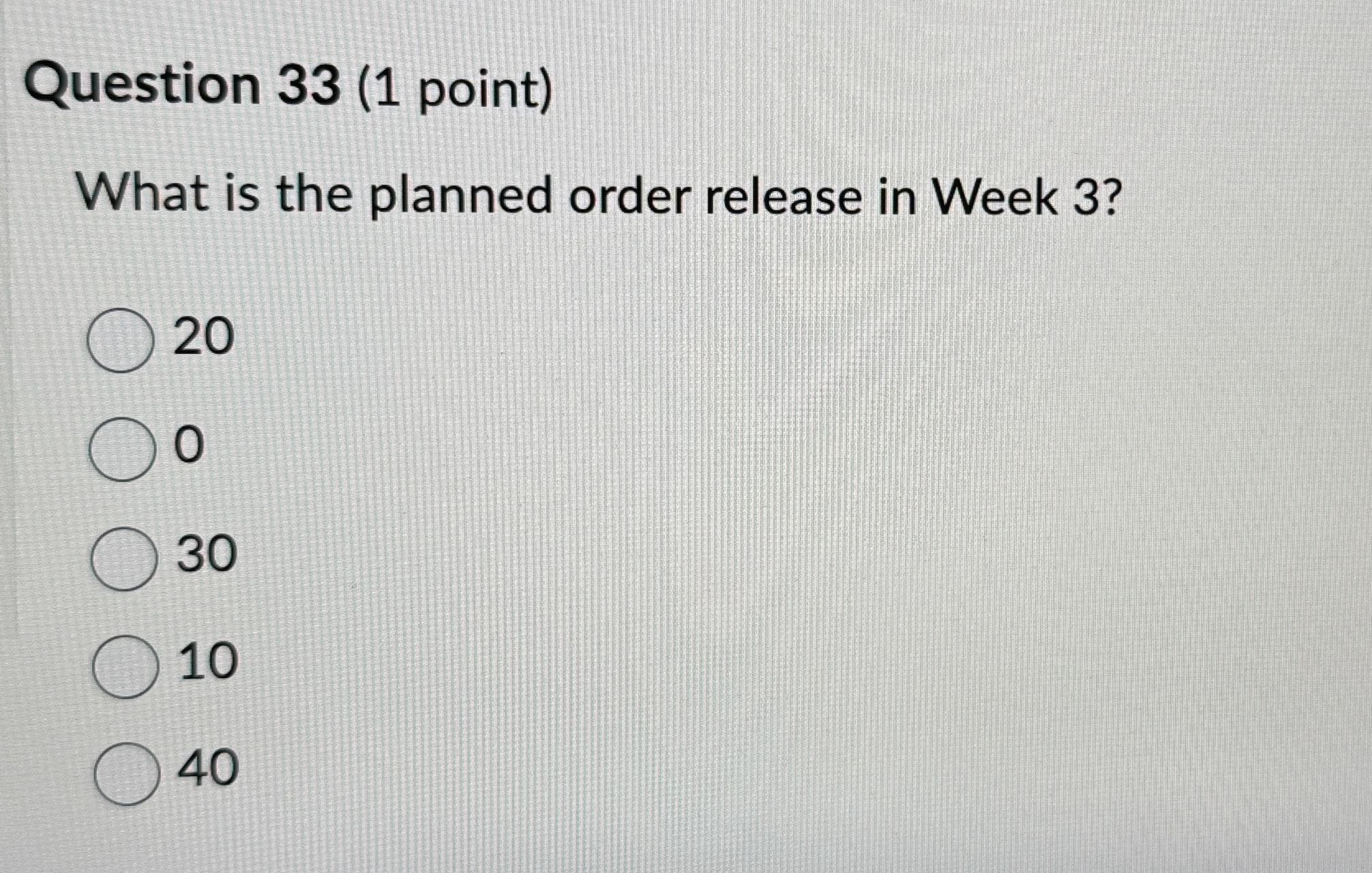  Question 33(1 point) What is the planned order release in Week