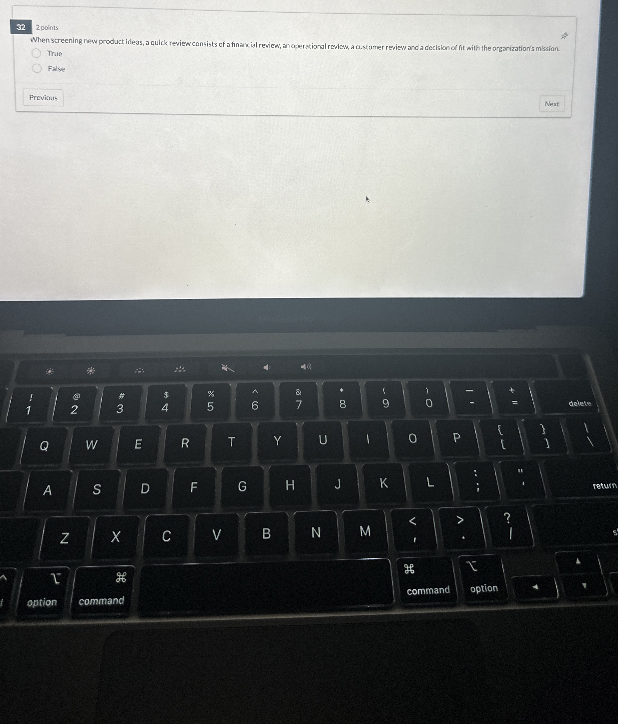  2 points When screening new product ideas, a quick review consists