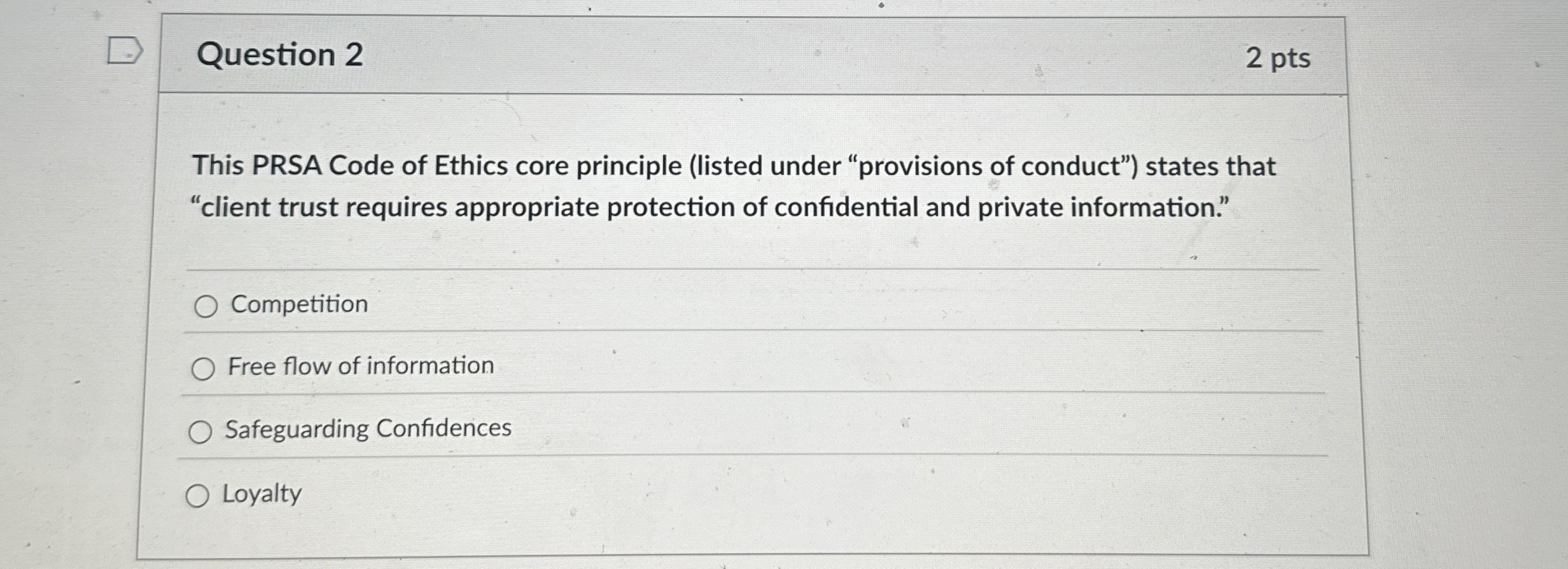  Question 2 2 pts This PRSA Code of Ethics core principle