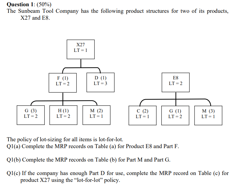  Question 1: (50%) The Sunbeam Tool Company has the following product